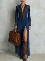 Vintage-style Floral Zip-front Dress With Tassels And Ethnic-inspired Details