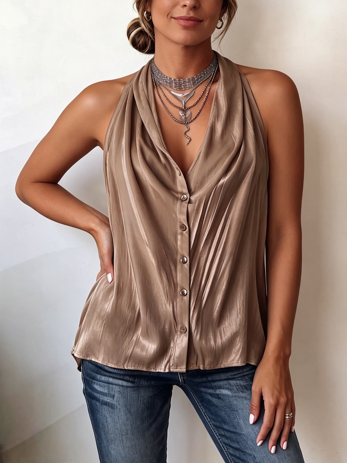 Boho Elegant Halter-neck Satin Sleeveless Shirt