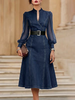Stylish Denim Dress With Organza Sleeve Panels.
