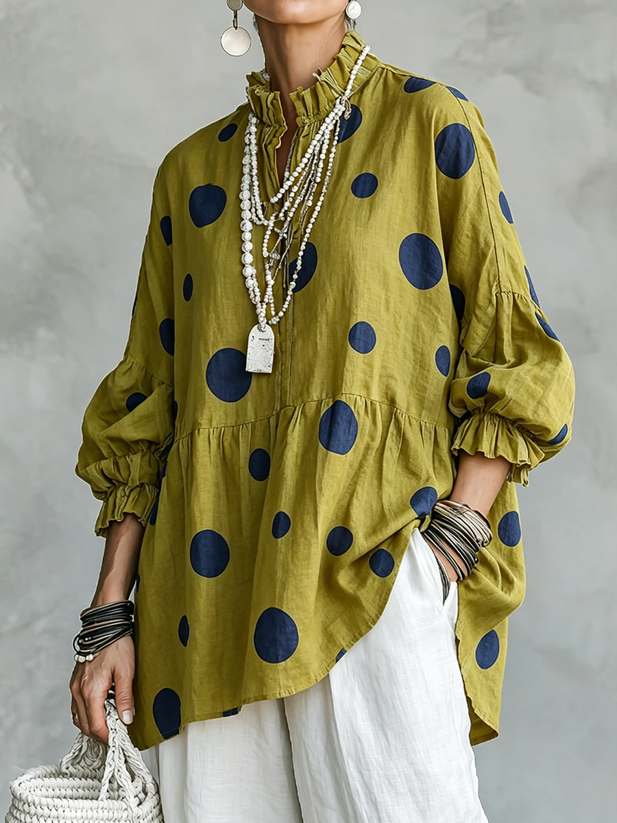 Boho Chic Olive Polka Dot RuffledLinen Tunic Top