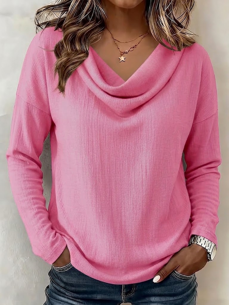 Draped Cowl Neck Textured Drop Shoulder Long Sleeve Casual Top