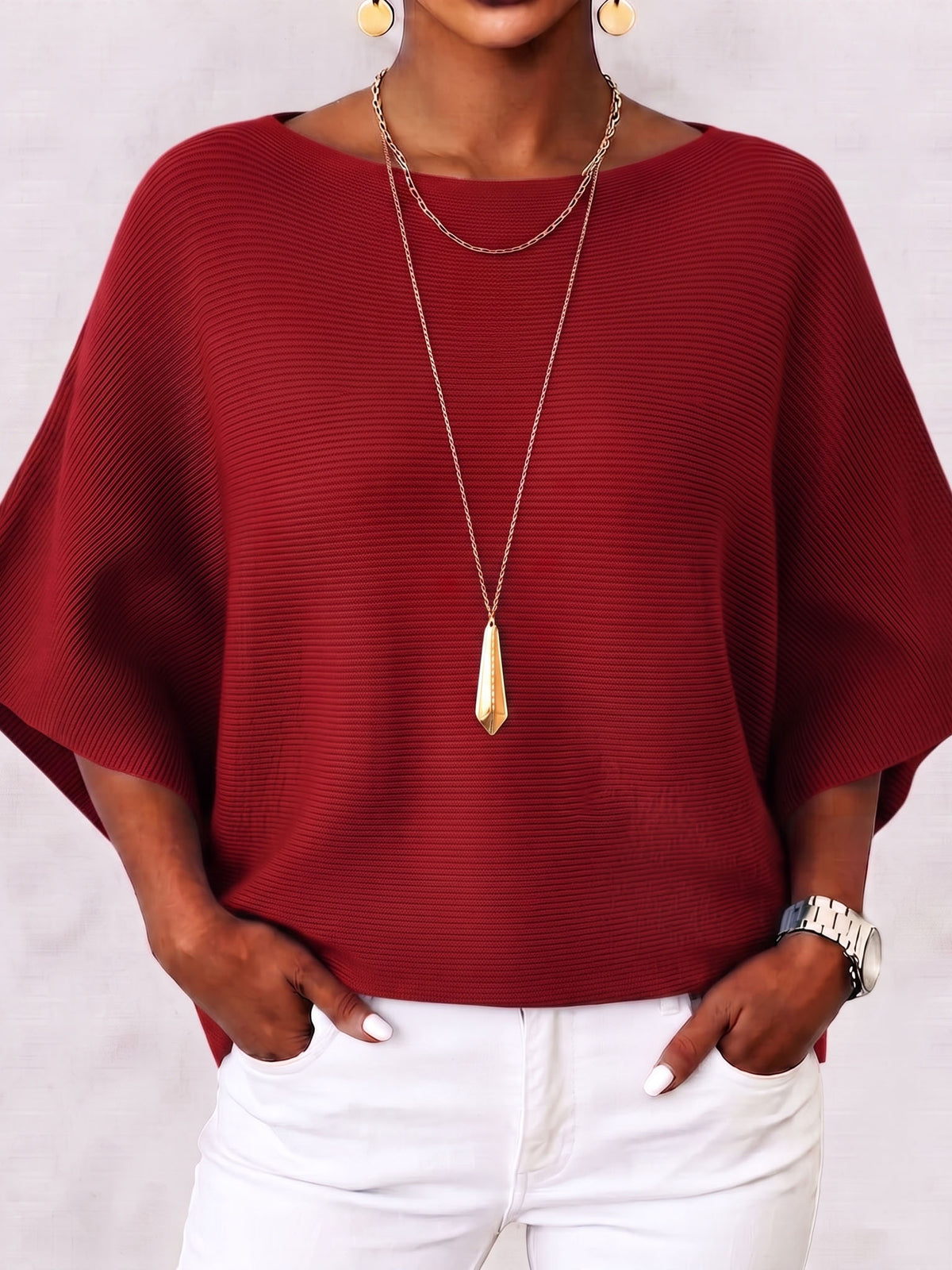 Elegant Boat Neck Batwing Sleeve Ribbed Knit Top