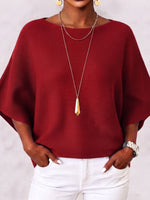 Elegant Boat Neck Batwing Sleeve Ribbed Knit Top