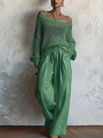 Two-piece Set: Open-knit Top And Cotton-linen Trousers