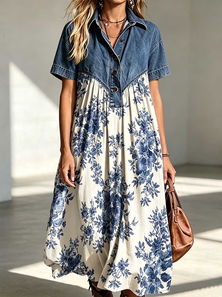 Women's Collared Short-sleeved Denim Patchwork Retro Print Cotton And Linen Dress