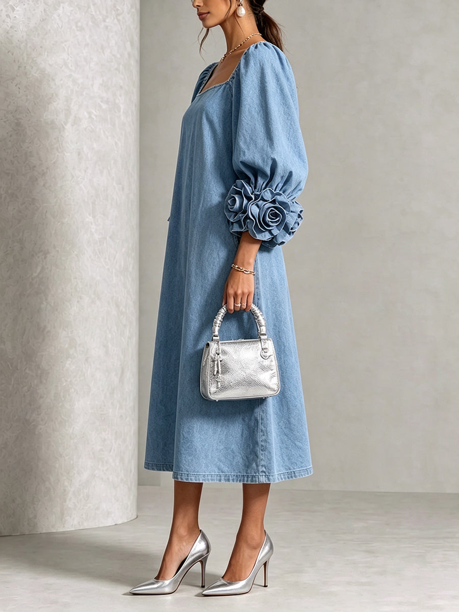 Chic Chambray Denim 3D Rosette Square-Neck Dress