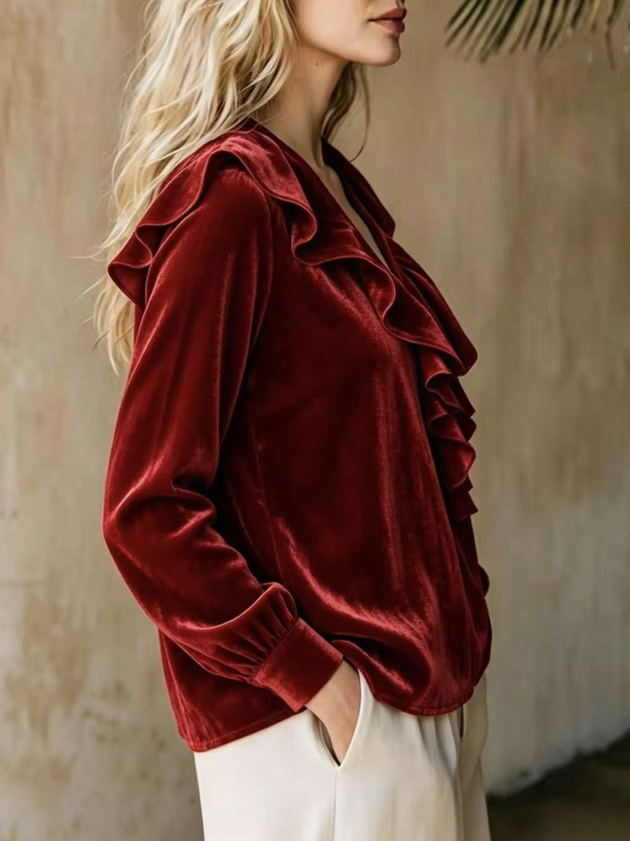 Cozy, Relaxed-fit Ruffled V-neck Velvet Top