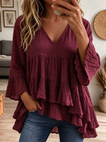 Women Blue Cotton Linen Tiered Ruffle Bell Sleeve Loose Babydoll Blouse