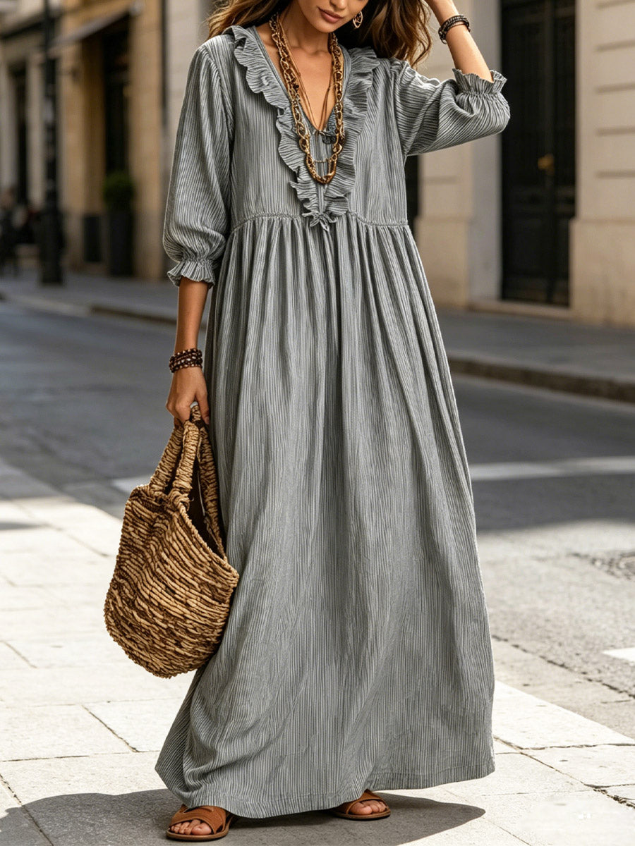 Women's Striped Art Print Casual Stylish Ruffled Vacation Maxi Dress