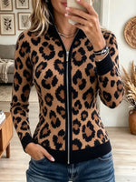 Women's Leopard Print Full-Zip Ribbed Knit Jacket