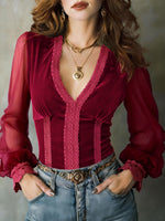 Stylish And Cozy Slim-fit Velvet Top With Lace Paneling