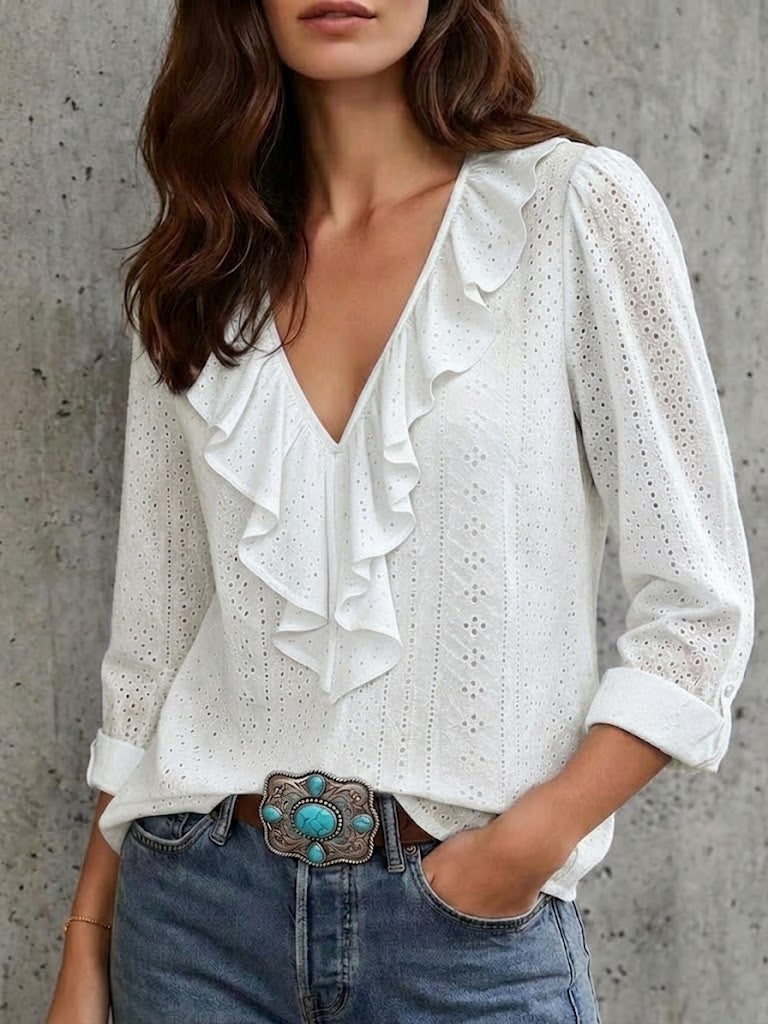 Long-sleeve V-neck Ruffled Solid-color Versatile Top