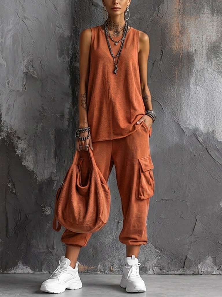 Casual Street-style Sleeveless Cotton T-shirt And Pants Two-piece Set