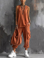 Casual Street-style Sleeveless Cotton T-shirt And Pants Two-piece Set