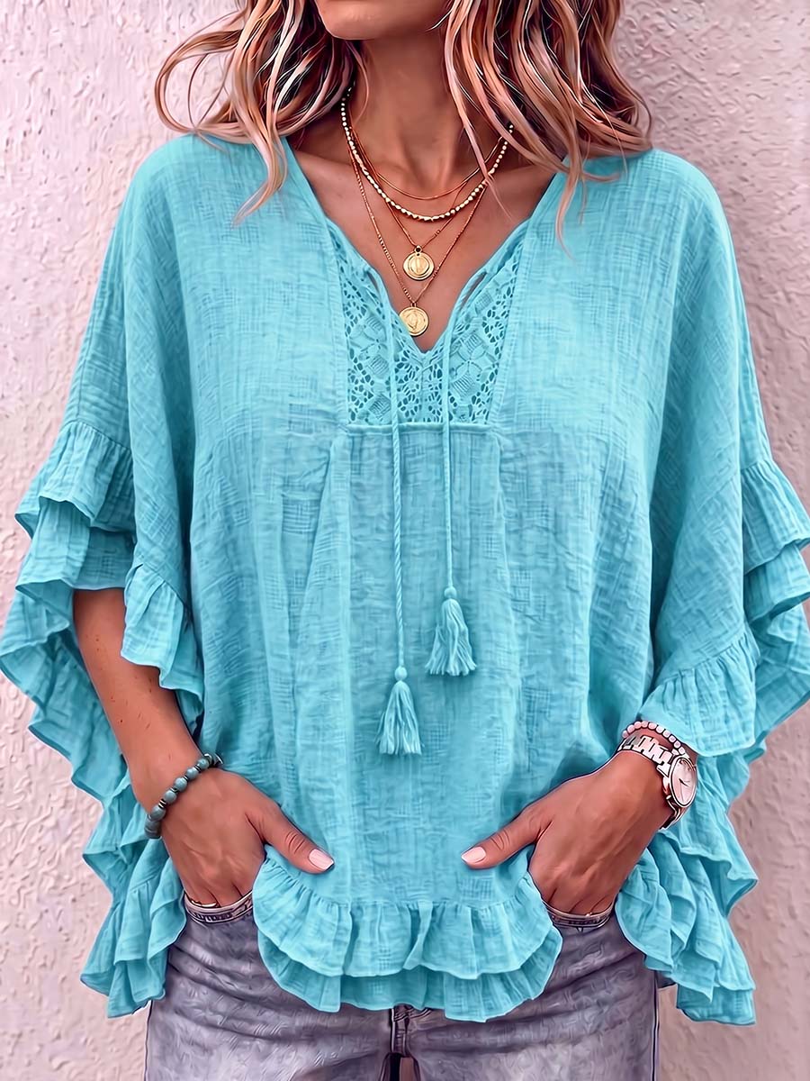 Women's V-neck Tie-waist 3/4 Sleeve Casual Loose Cotton Linen Top
