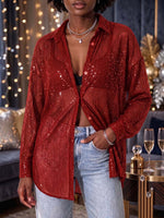 Women's Solid Color Collared Long-sleeved Casual Loose Sequined Shirt