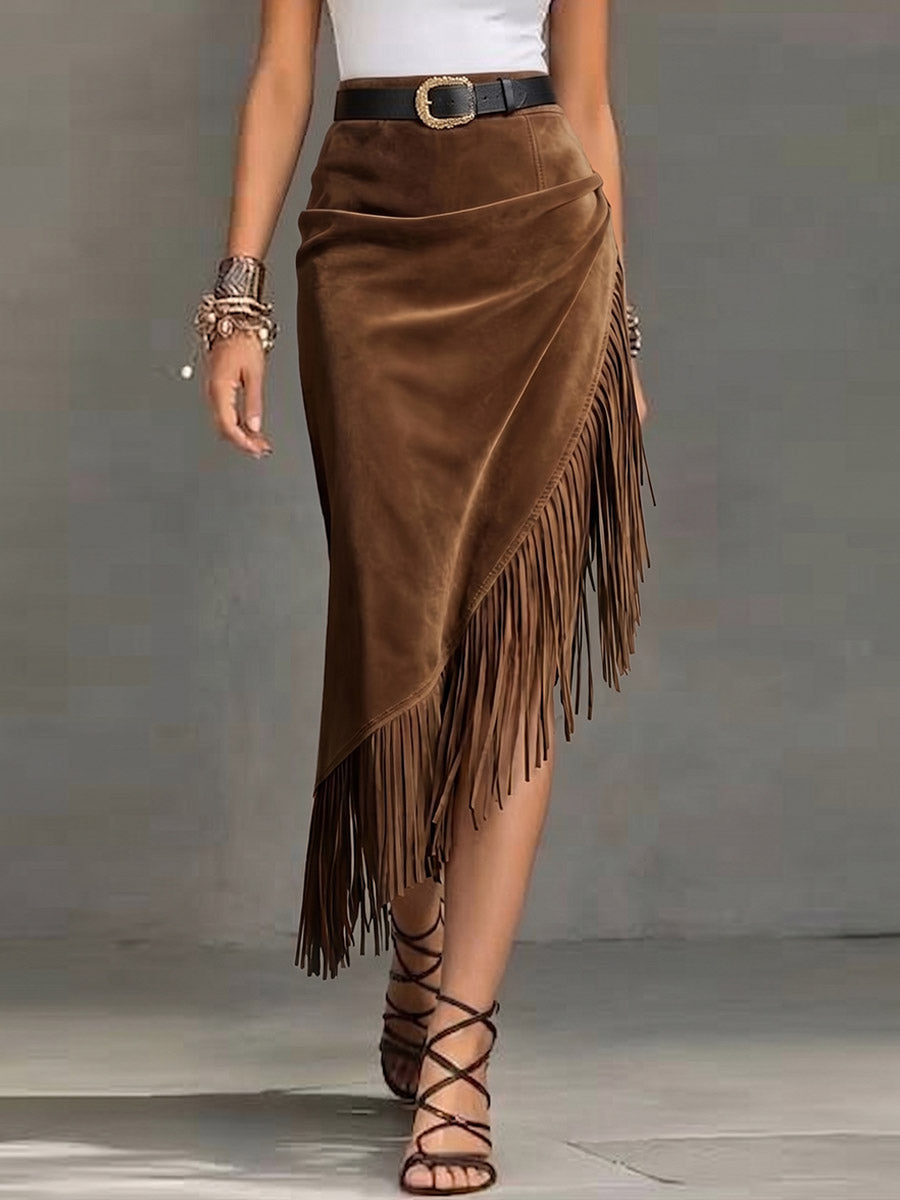 Women's High-waisted Casual Loose Faux Suede Tassel Skirt