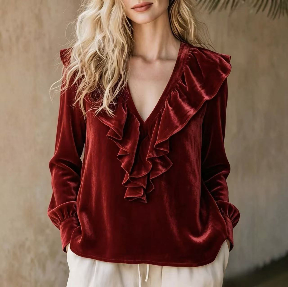 Cozy, Relaxed-fit Ruffled V-neck Velvet Top