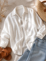 Casual Long-sleeve Linen-cotton Shirt With Spliced cutout Webbing