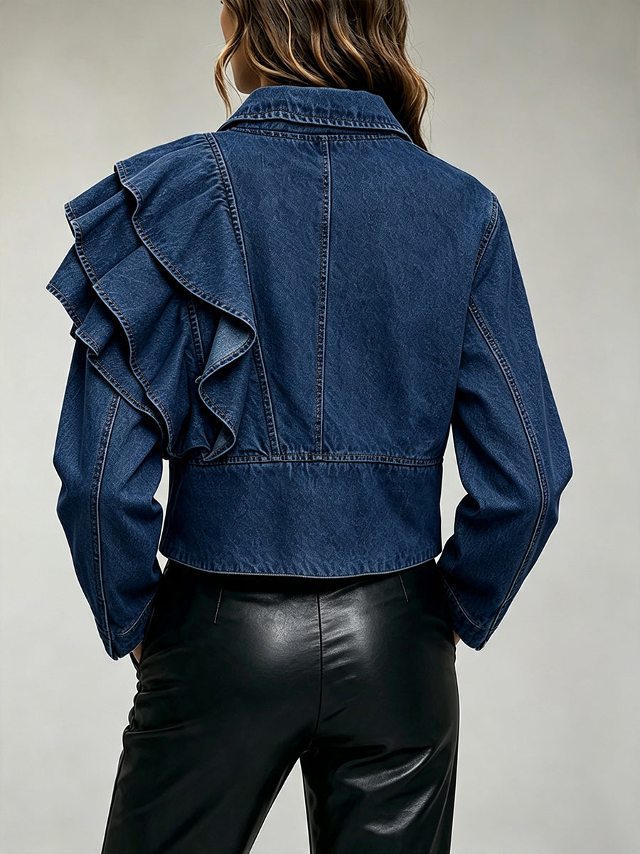 Casual Ruffled Cropped Denim Jacket