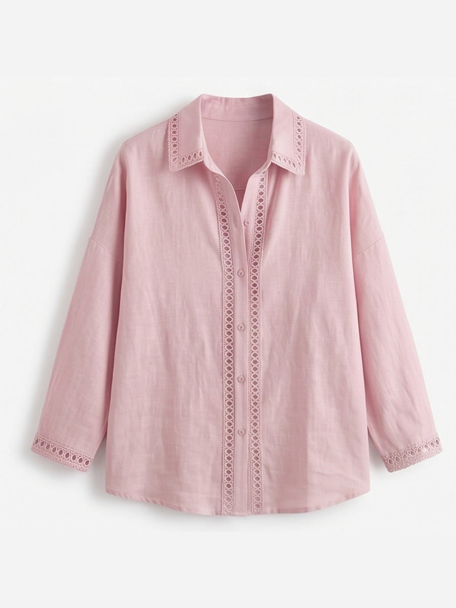 Casual Long-sleeve Linen-cotton Shirt With Spliced cutout Webbing