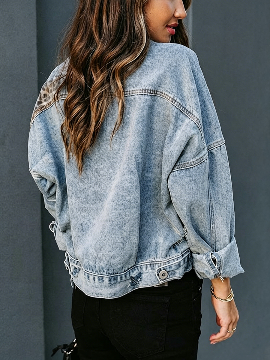 Wash Lapel Vintage Leopard Splice Cropped Loose Denim Jacket