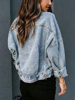 Wash Lapel Vintage Leopard Splice Cropped Loose Denim Jacket