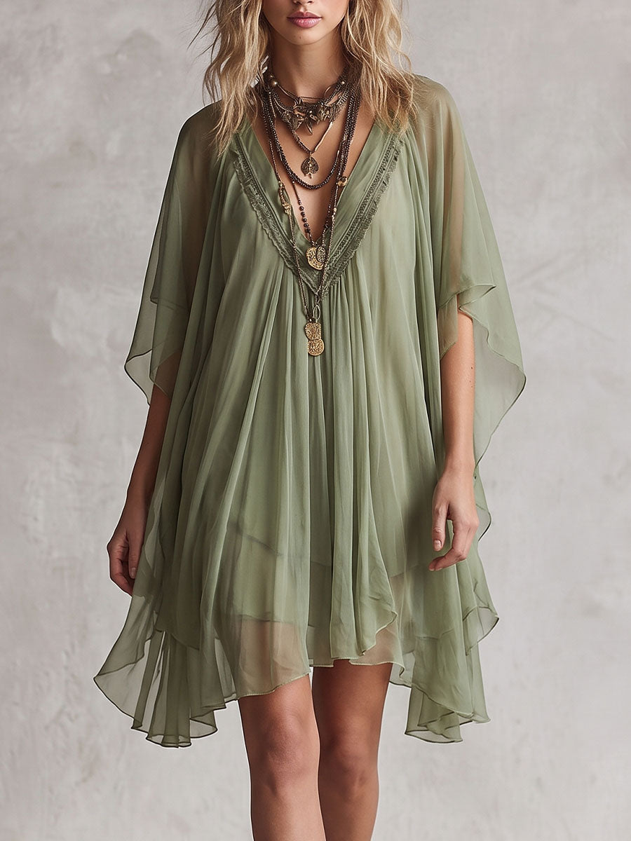 Women's Solid Color V-neck 3/4 Sleeve Casual Loose Chiffon Dress