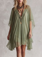 Women's Solid Color V-neck 3/4 Sleeve Casual Loose Chiffon Dress