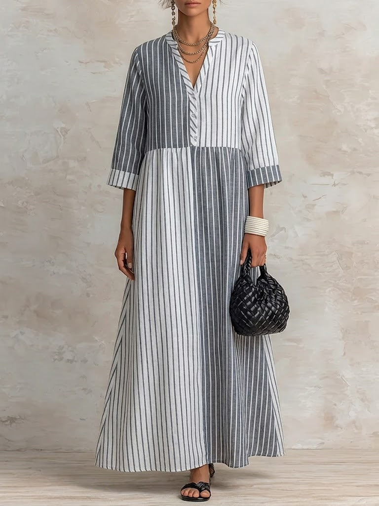 Casual Loose-fit Paneled Striped Cotton-linen Dress
