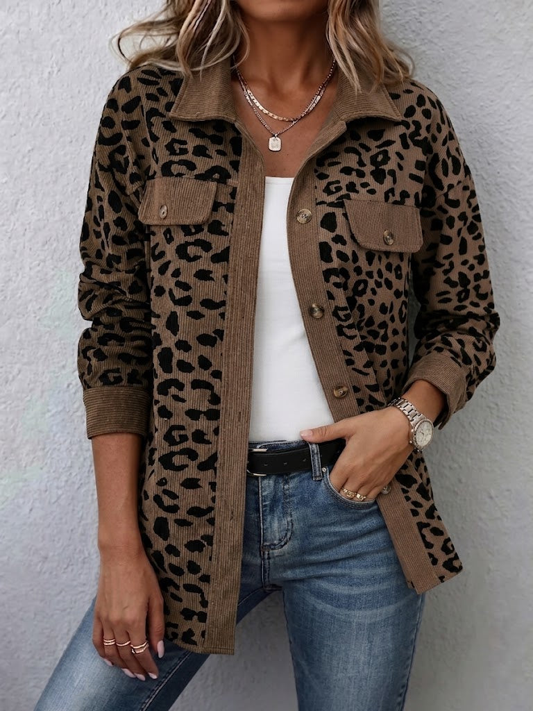 Contrast Rib Collar Leopard Print Corduroy Long Sleeve Shirt Jacket