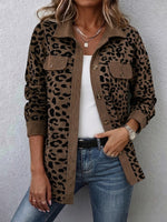 Contrast Rib Collar Leopard Print Corduroy Long Sleeve Shirt Jacket