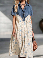 Vintage Denim Spliced Floral Flowing Maxi Dress