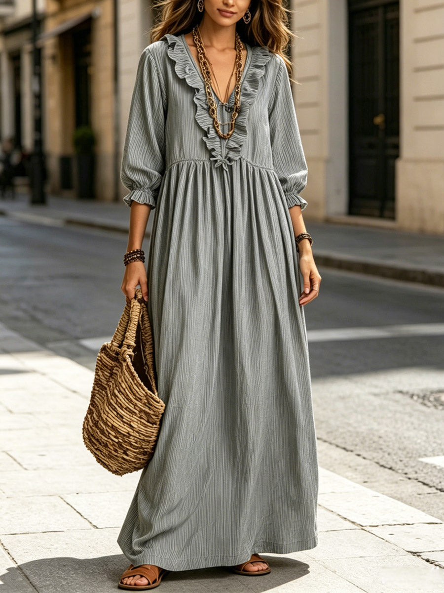 Women's Striped Art Print Casual Stylish Ruffled Vacation Maxi Dress