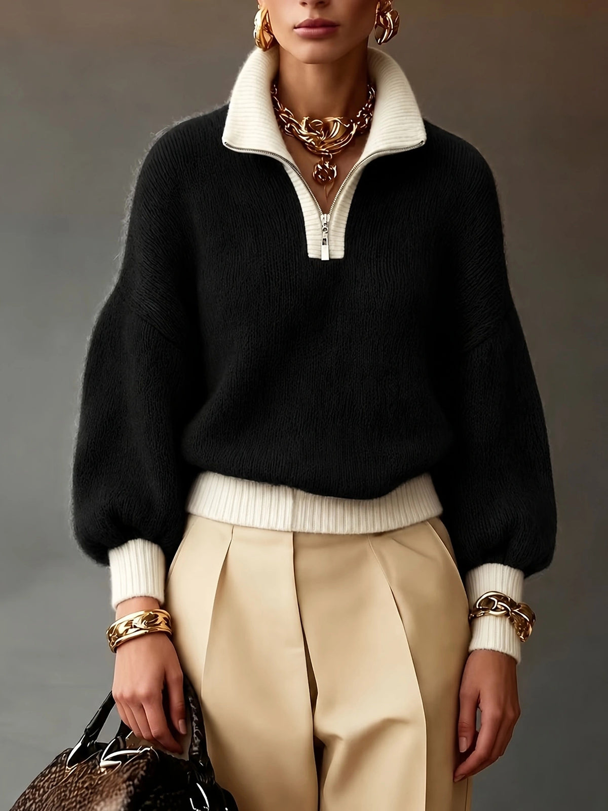 Chic Lavender Contrast-Trim Half-Zip Sweater