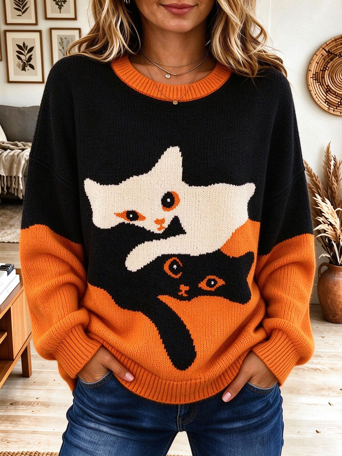 Women's Color Block Cat Jacquard Crew Neck Sweater, Retro Long Sleeve Loose Knit Pullover