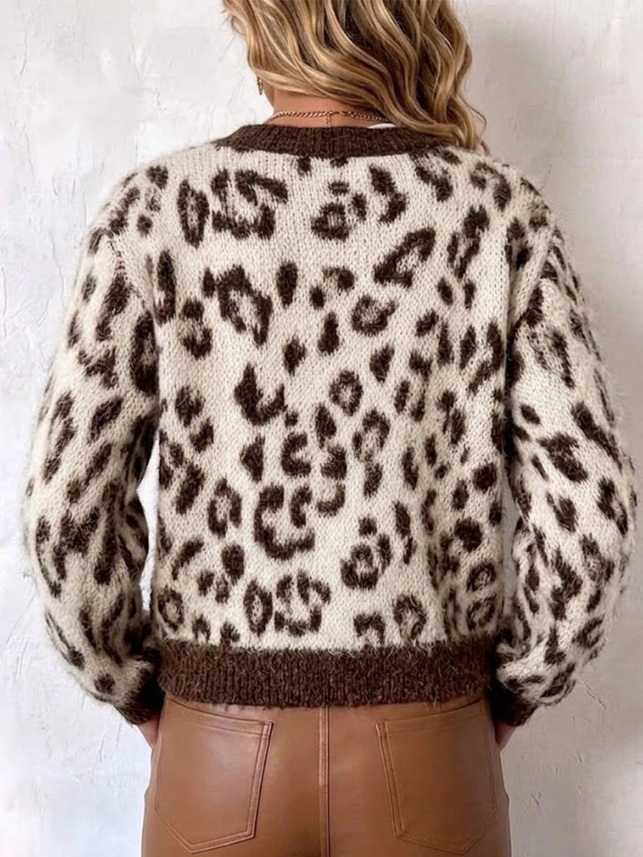 Retro Leopard-print Color-block Jacquard Knit Cardigan