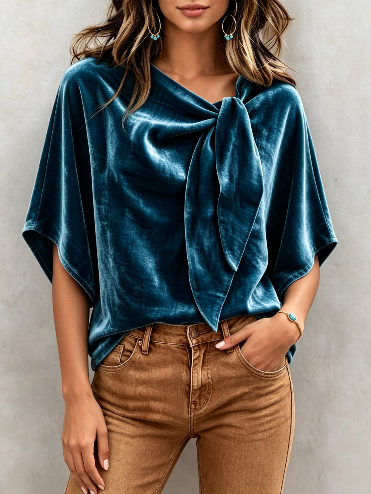 Retro-elegant Bow Tie Collar Batwing Sleeve Velvet Shirt Top