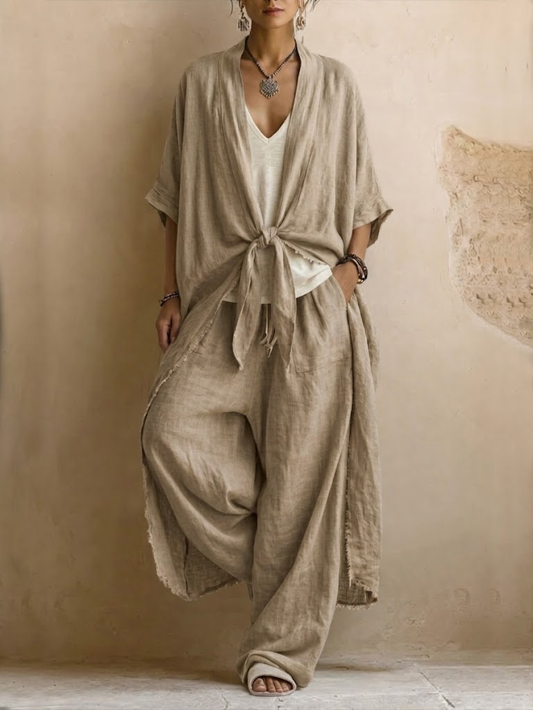 Bohemian-style Linen And Cotton Two-piece Set: Long Cardigan And Trousers