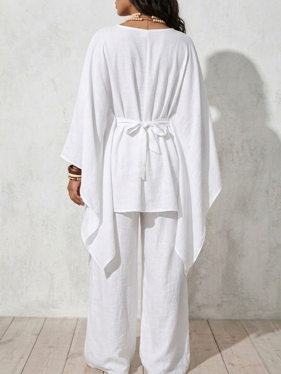 Loose-fit Casual Cotton-linen Blend Top And Trousers Two-piece Set