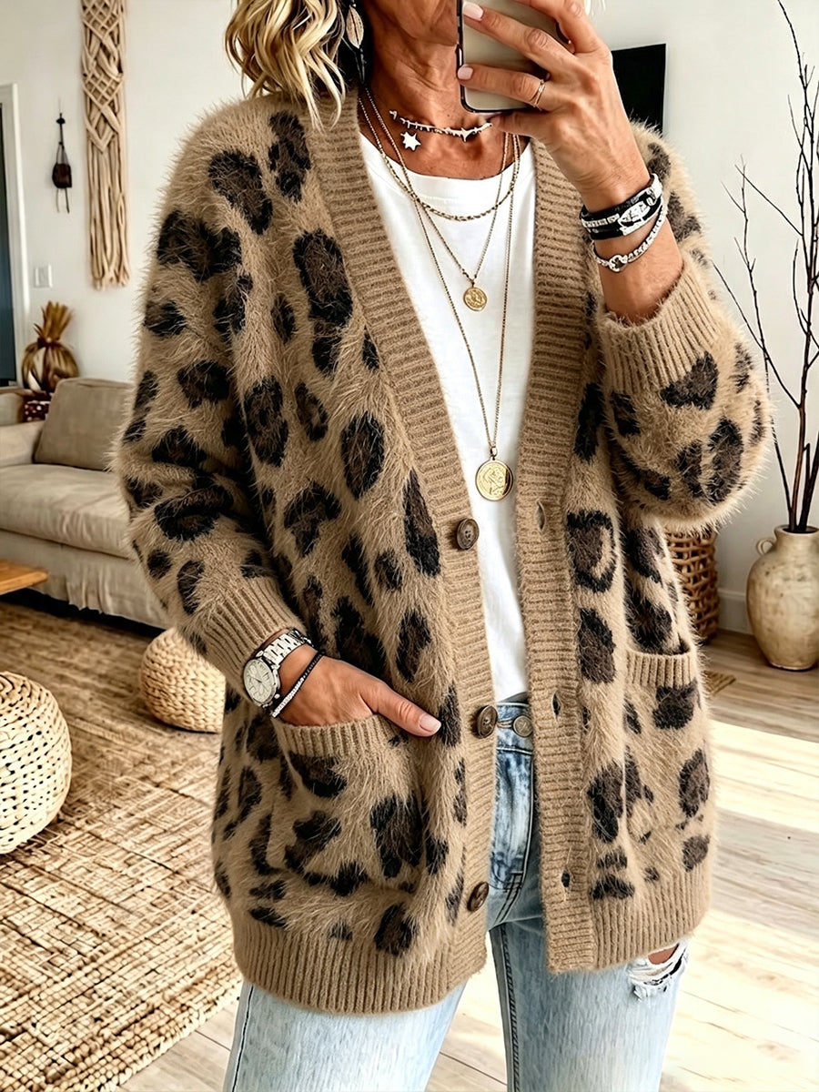 Loose And Cozy Leopard-print Knit Cardigan