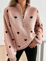 Cozy Half-zip Knit Pullover With Heart Pattern