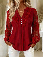 Romantic Mixed-Media Lace Blouse – Button-Front V-Neck & Sheer Crochet Sleeves