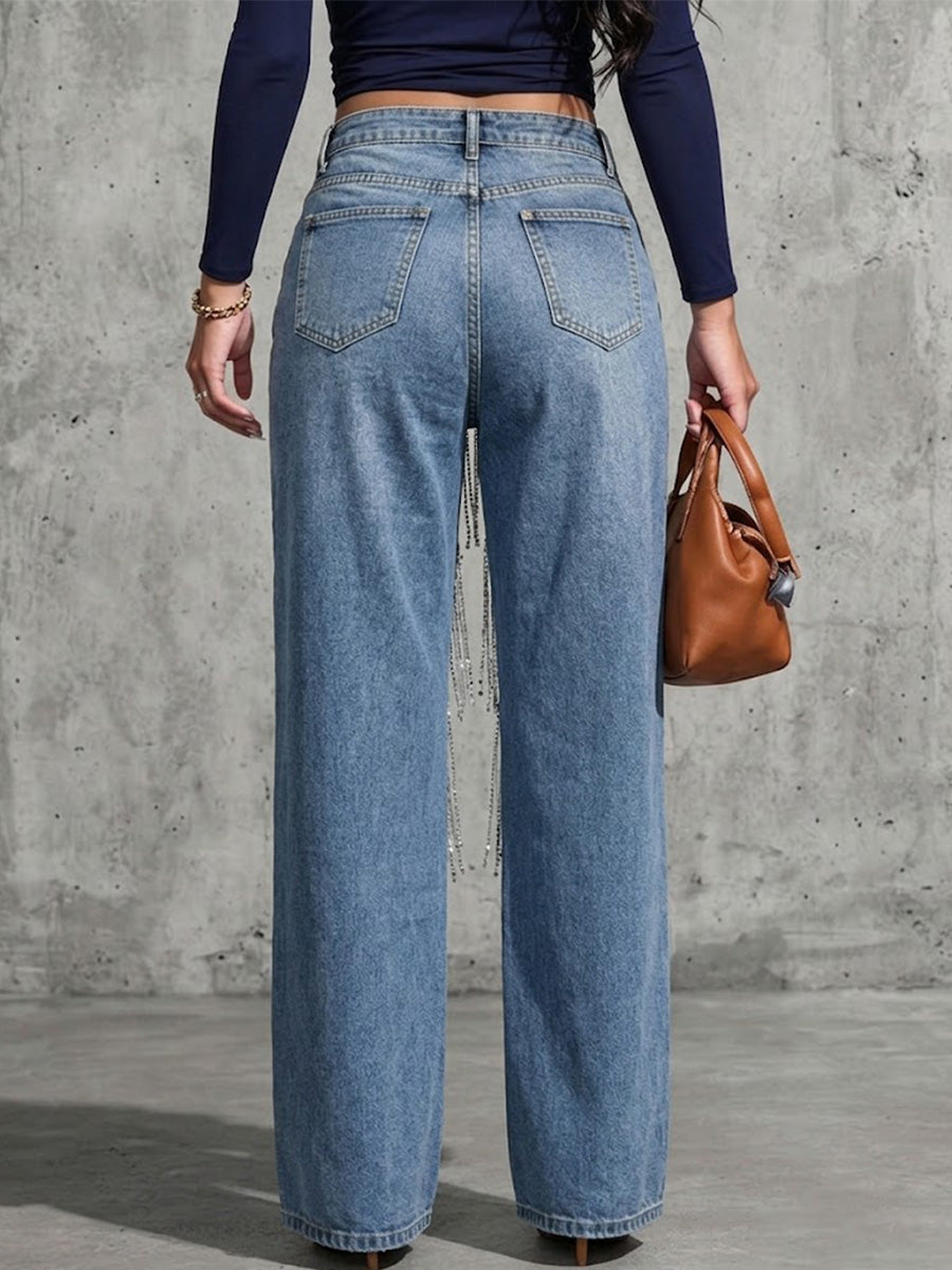 Loose-fit Straight-leg Jeans With Fringe Detail