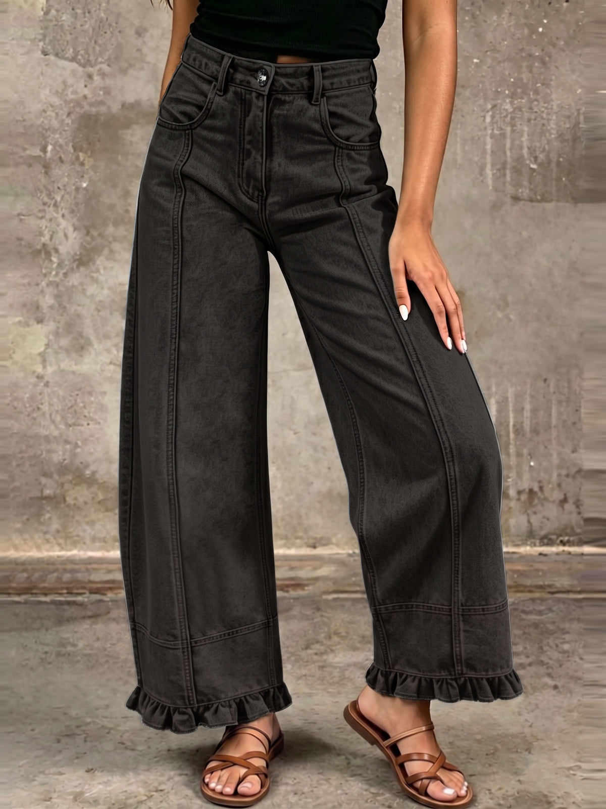 Vintage-Inspired Washed Denim Ruffled Wide-Leg Pants