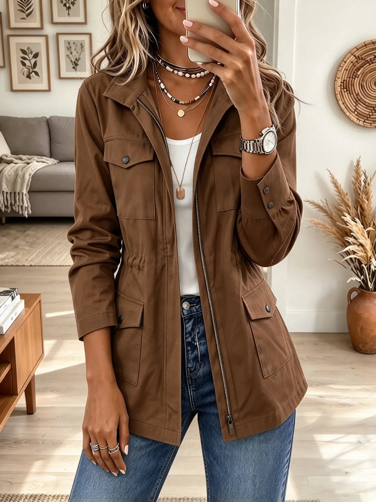 Women's Drawstring Waist Multi-Pocket Utility Jacket