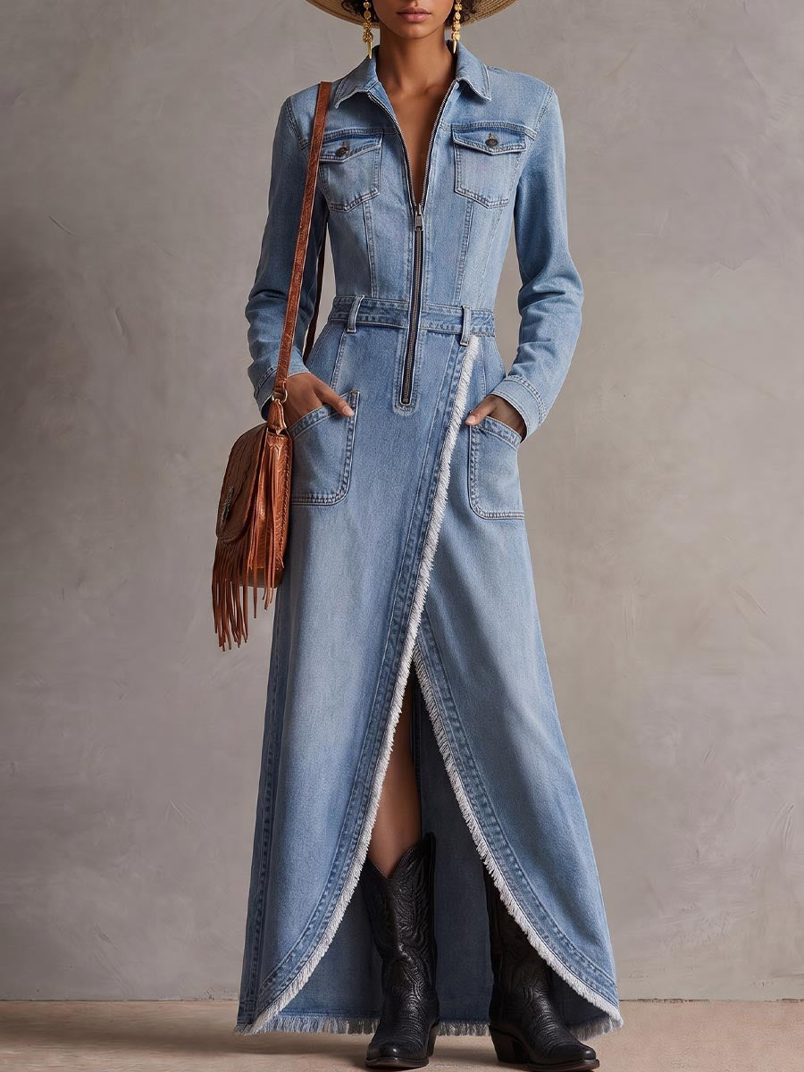 Women's Collared Long-sleeved A-line Denim Dress With Slit