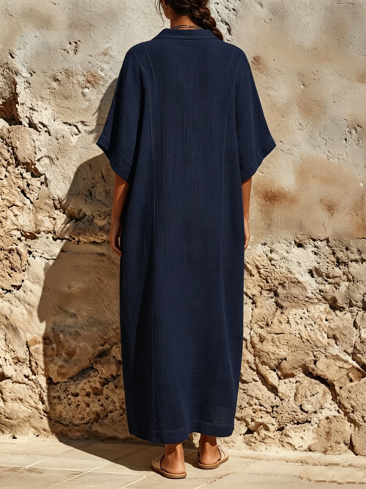 Long, Loose-fitting Dress Featuring A Collared, Semi-open V-neck, Dropped Shoulders, And Three-quarter Length Sleeves