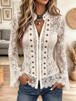 Women Stand Collar Zip Front Button Decor Lace Flare Long Sleeve Blouse