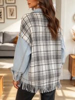 Retro Plaid Pattern Art Denim Patchwork Casual Stylish Long Sleeve Lapel Coat